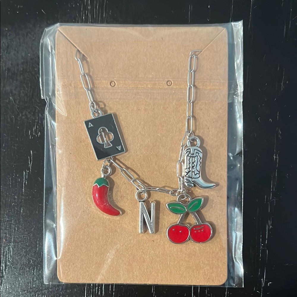 Silver Charm Necklace with Red Accents